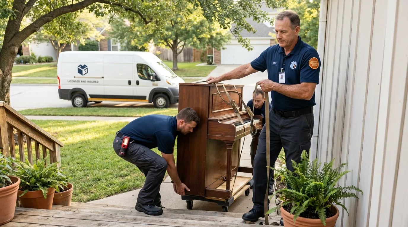 Licensed piano movers securing grand piano in Torrington, WY