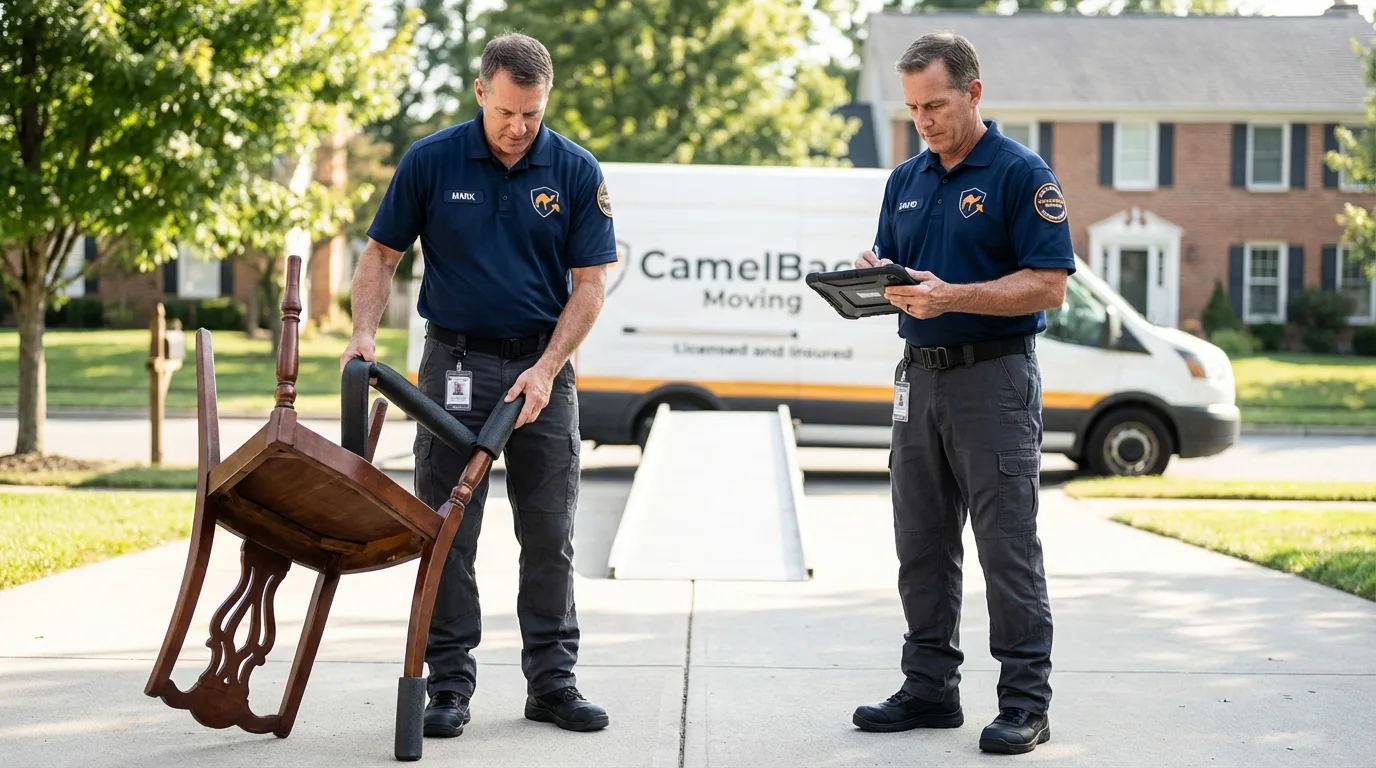 Movers inspecting furniture for damage prevention before loading in Torrington, WY