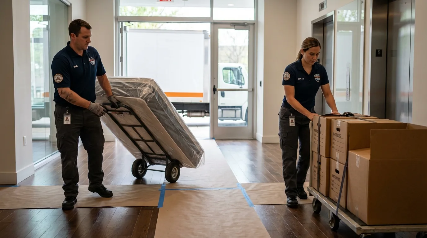 Professional apartment movers loading elevator in Torrington, WY