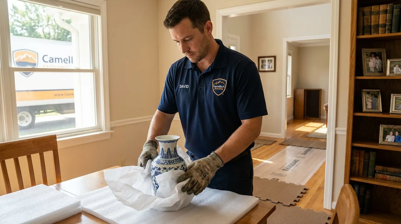 Professional crew carefully wrapping antique vase for senior downsizing move in Torrington, WY